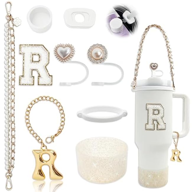 Stanley Cup Accessories Set for 30oz 40oz Tumbler, with Handle Strap, Anti-Spill Plug, Boot, Straw Cover, Cute Letter Charms, No-Residue Initial Sticker, Fits Pink Purple White Stanley Cups (L)