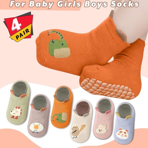 Image of TONY STARK BABY 4 Pairs Ultra-Soft Cotton Socks Set, Antislip Socks for New Born Babies 0-3 Years, Non Slip Grip Ankle Socks with Non Skid Soles for Infants Baby Shower Gifts - Random colors