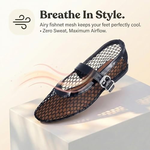 Image of EMMA NEW YORK Mesh Ballet Flats for Women, Mary Jane Mesh Ballet Flats Shoes for Women with Buckle Strap
