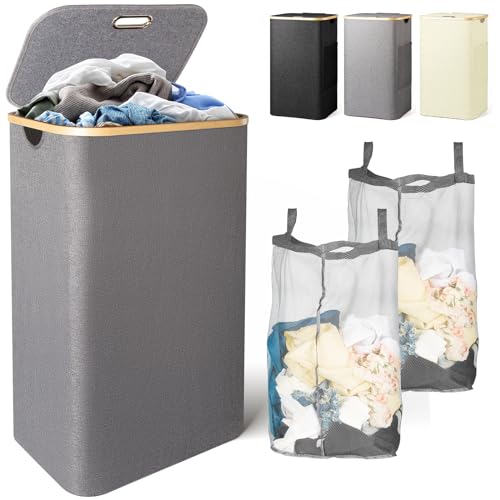 Zekeson Laundry Basket with Lid and Handle, 100L Collapsible Laundry Hamper with Removable Inner Bag for Clothes and Toys Storage in Bedroom Bathroom Children's Room (Gray)