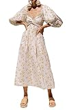 R.Vivimos Women's Summer Boho Cotton Puff Sleeve Dress Floral Print Lace Up Smocked Casual A-Line Flowy Midi Dress (Medium, White-Floral)