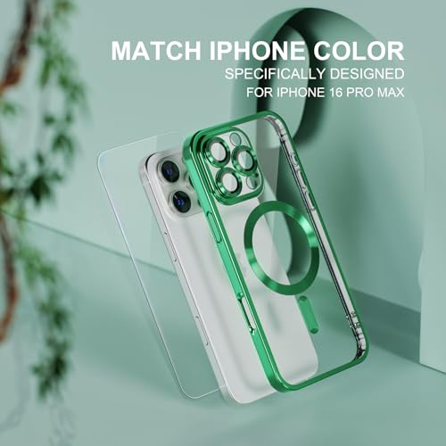Image of Misea Magnetic for iPhone 16 Pro Max Case Compatible with MagSafe Green | [Never Yellowing] [Military Drop Protection] Full Camera Lens Protector Plating Soft Clear Phone Case for Women, Green