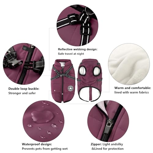 Aiboria Hundejacken für den Hundemantel Winter Winddicht Wasserdicht Skifahren Hundeweste Fleece Warme Hunde Jacke Mit Brustgurt Gurt Violett L