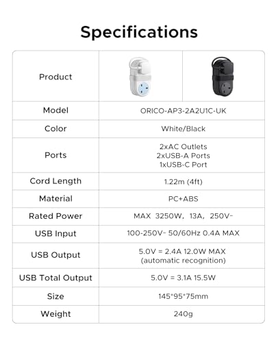 ORICO Travel Extension Lead with USB Slots, 2 Outlets 3 USB Ports (1 USB C), 3250W 13A Socket Extensions, Rollable Extension Cord for Travel/Home/Office, Essentials Cruise Approved Power Strip-White - Image 7