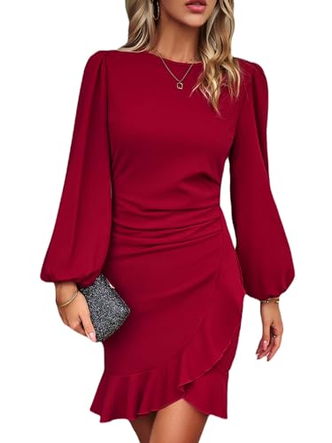 Image of Spicy Sandia Women Ruched Bodycon Cocktail Formal Mini Dress Elegant Ruffled Lantern Sleeve Business Work Banquet Tulip Dress