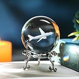 HDCRYSTALGIFTS 60mm 3D Lase Engraved Airplane Crystal Ball with Stand Glass Sphere Plane Paperweight Decor Pilot Gifts for Men Women