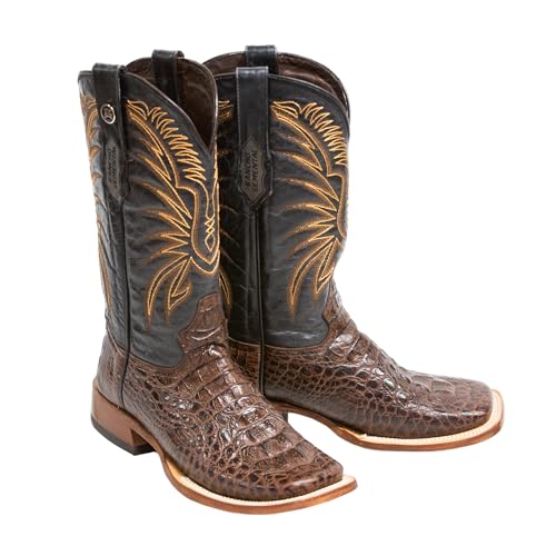 Men's Cowboy Boots Caiman Hornback Print Brown/Black Top EXTRA WIDE SQUARE TOE