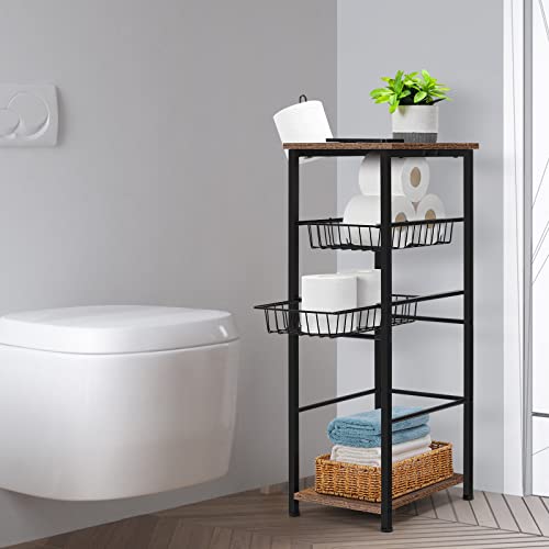 Bathroom Storage Cabinet Free Standing Units Organizer Shelf Floor Storage Tower With Drawers 4 Tier Shelving Rack With Paper Bar Narrow Storage Shelves For Bath Living Room Washroom, Farmhouse Brown #TOP1
