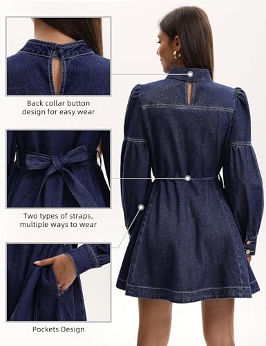 Denim Dress for Women Puff Long Sleeve, Mock Neck Babydoll Jean Mini Dress with Tie and Pocket3