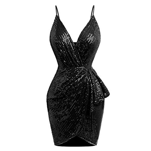 Women Spaghetti Strap Sequin Glitter Bodycon Mini Dress Wrap V Neck Ruched Cocktail Party Dress Ruffle Backless Bandage Strappy Cami Dress Sparkle Glitzy Glam Night Club Dress Clubwear Black-Cami M