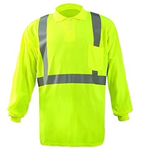 OccuNomix LUX-LSPP2B-YXL Long Sleeve Wicking Birdseye Polo T-Shirt with Pocket, Class 2, 100% ANSI Wicking Polyester Birdseye, X-Large, Yellow (High Visibility)