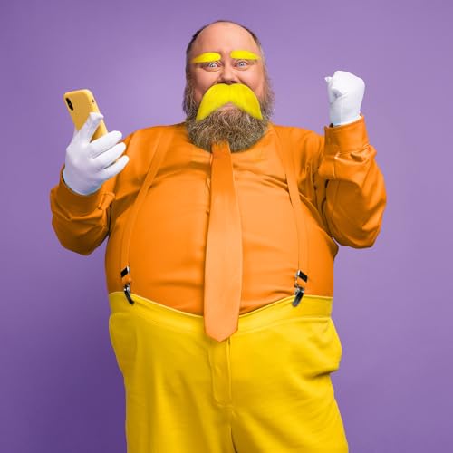 3 Pcs Halloween Yellow Mustache and Eyebrows Fake Beard Inflatable Belly Filler Cosplay Props for Halloween Costume Party Accessories Men Women3