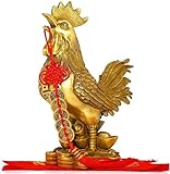 DYG Coq Chinesische Figuren Ornamente Feng Shui Collection Statue mit Glück alte Münzen auf rotem Faden, Wohlstand Heimdekoration Geschenk, Messing, S