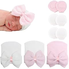 3 Pack Bowtie Hat + Mittens: White, White-pink, Pink/ 0-3 Months