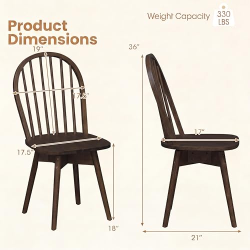 Image of COSTWAY Swivel Windsor Dining Chairs Set of 4, Solid Rubber Wood Armless Kitchen Chair with Tilt Back, Mid-Century Modern Side Chairs for Dining Room, Kitchen, Restaurant (Walnut)