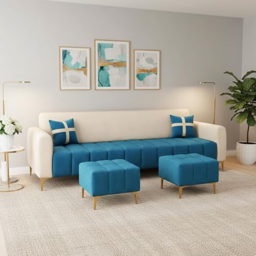 Image of Melody 3 Seater Modular L Shape Sofa Set with 2 Ottoman | Soft Velvet Upholstery, Sturdy Wooden Frame | Modern Sofa for Living Room, Hall & Office Spaces (Cream-Aqua Blue)