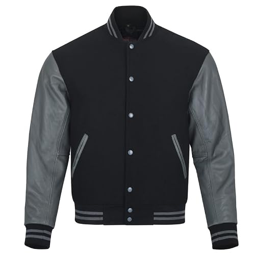 Image of warrior gears Mens Varsity Jackets with Wool Body and Leather Sleeves, Classic Retro Letterman Motorbike Bomber Stripe Style Varsity Jacket, Black Wool Body & Grey Leather Sleeves - S