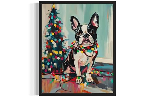Image of Boston Terrier Christmas Black Framed Wall Art Print Poster, Dog Pet Lover Picture Painting Artwork Bedroom Living Room Office Dining Room 150D (Boston Terrier Christmas, 10 inch L x 8 inch W, Black Frame)