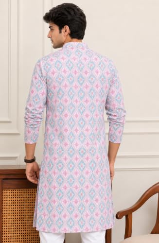 Image of FOXDX Men's Cotton Kurta, Ethnic Printed Kurta for Perfect Ethnic Look, Stand Collar Long Sleeve Casual Printed Regular Long Kurta