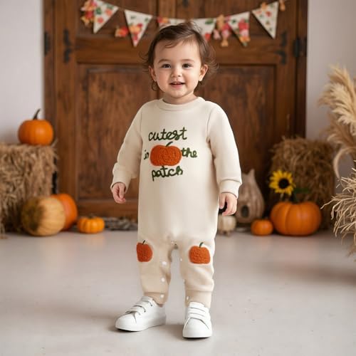 Lamuusaa Newborn Baby Girl Boy Halloween Outfit Cutest Pumpkin In the Patch Romper Pumpkin Bodysuit Jumpsuit Fall Outfit3