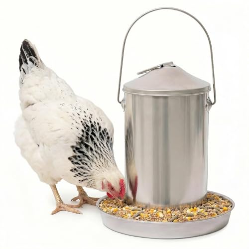Plexon 6.6 Lb Hanging Chicken Feeder Metal Chicken Feeder with Handle no Waste Food - Stainless Steel - Turkey Duck Poultry Feeder - Heavy Duty Feeding Equipment - Backyard Coop - Small