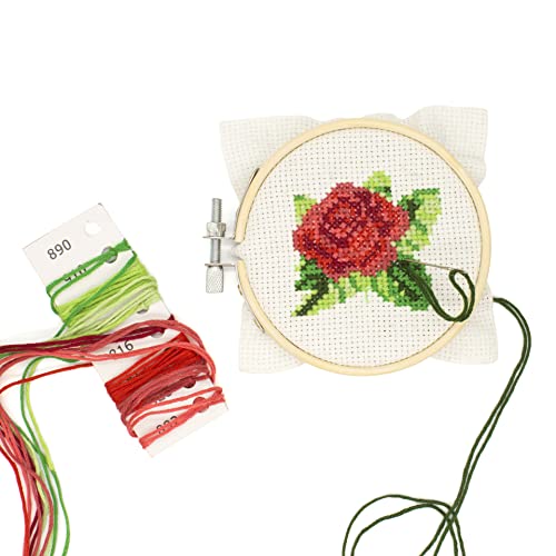 Image of Kikkerland DIY Mini Cross Stitch Rose Embroidery Craft Starter Kit Set, with Pattern Instructions, 3 inch Bamboo Hoop, Stress Relief, Adult Beginner Friendly