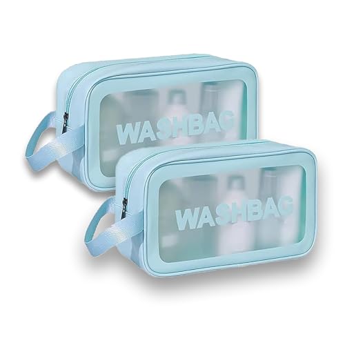 Image of Gritty Wash Bag Pouch for Travel Kit Toiletry Bag Cosmetic Bag Make Up Box for Brushes,Accessories with Handle,Large Capacity Translucent Waterproof Travel Mini Size Pack of 2 (Sky Blue)