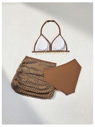OYOANGLE Girl's 3 Piece Swimsuit Mesh Hollow Out Halter Bikini Set with Cover Ups Drawstring Beach Skirt2