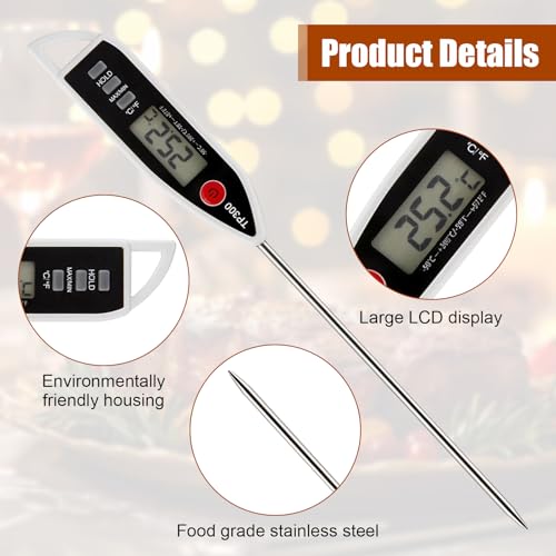 Digital Food Thermometer with Long Probe, Instant Read LCD Display, Waterproof Kitchen Thermometer, -50°C to 300°C Temperature Range for Cooking, BBQ, Water, Liquids and Candles, White