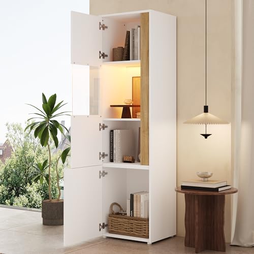 BENMWS Vitrina blanca y natural 50 x 40 x 179 cm, mueble de almacenamiento, armario alto, 2 puertas (una de ellas de acrílico), adecuada para salones, oficinas y cocinas