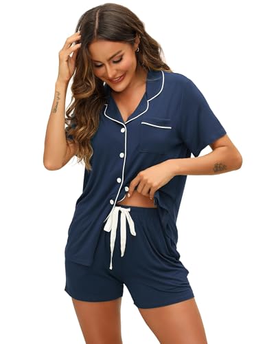 Image of ZMJ pijamas de mujer 2 Piece Sets for Women Summer Pajamas Lounge Short Sleeve Top and Shorts Pj Set Classic Blue, XL