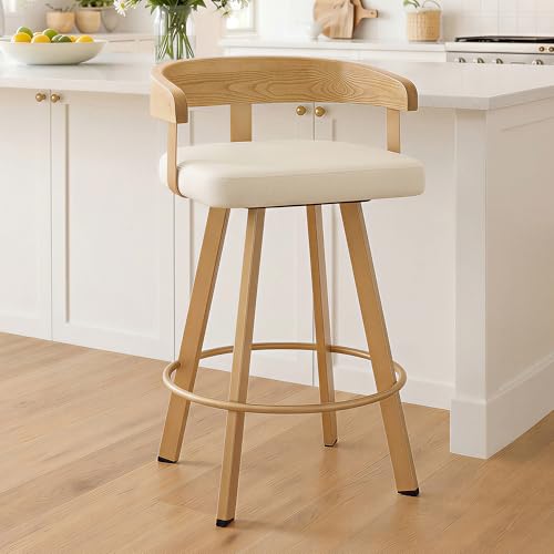 Image of FORSPARK 26 inch Swivel Counter Height Bar Stools, 350 lbs Capacity Barstool | 360 Rotation, Easy to Assemble, Wide Foam Seat, Solid Wood Backrest, Heavy Weight for Kitchen Dining Cafe, Beige & Natural