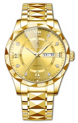 Gosasa Luxury Mens and Womens Business Diamond Stainless Steel Waterproof Roman Numeral Analog Quartz Watch with Day-Date Calendar Gold and Silver Tone (All Gold Men)