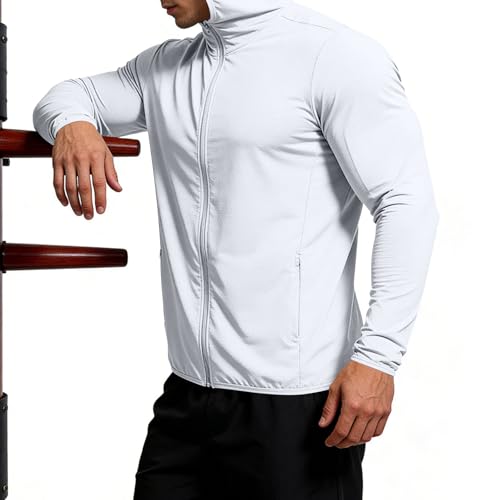 Mens Fishing Hoodie Hiking Shirt Comfortable Long Sleeve Full Zip Uv Protection Jacket Lightweight Hiking Athletic Sun Shirt with Thumbholes White XX-Large — view 3