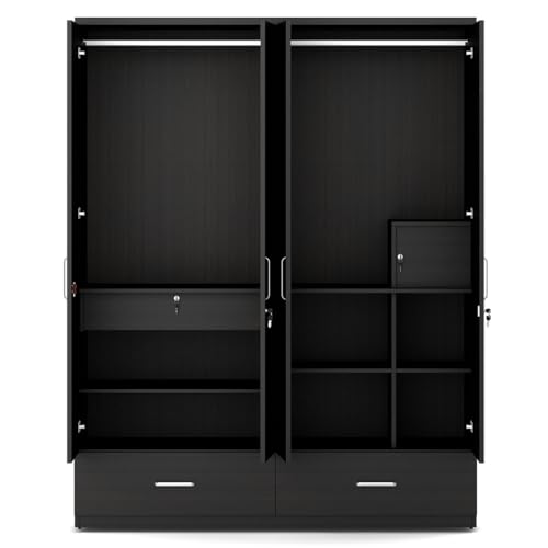 Image of Spacewood Linden Wardrobe | 3 Year Warranty | Almirah, Cupboard, Almari, 4 Door Wardrobe, 4 Drawer (2 Lock Drawer) and 2 Hanging Space & 1 Internal Locker |Engineered Wood| Natural Wenge