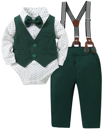 Image of YUEMION Baby Boy Clothes Wedding Outfit Suits, 0-18 Months Infant Boy Gentleman Set, Dress Shirt+Vest+Suspender Pants+Bowtie