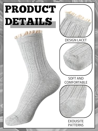 Image of Fourluoo 6 Pairs Breathable Women Ruffle Socks White Black and Gray Frilly Ankle Socks for Women