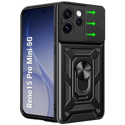 Image of TheGiftKart Tough Armor Bumper Back Cover Case for Oppo Reno 15 Pro Mini 5G | Sliding Camera Cover, Kickstand & Ring Holder | 360 Degree Protection Back Cover for Reno15 Pro Mini 5G (PC & TPU, Black)