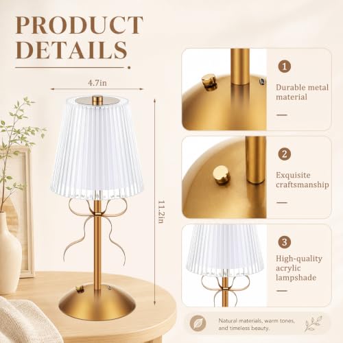 Image of Liliful 2 Pcs Cordless Table Lamp Rechargeable Touch LED Small Gold Portable Battery Operated USB-c Desk Lamp 3 Color Dimmable for Bedroom Living Room Dining (Gold,Hollow Lined Style Bow)