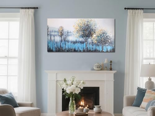 Image of Arjun Tree Wall Art Canvas Teal Landscape Painting Blue Forest Textured Picture Modern Panoramic Abstract Nature Artwork Large Size Framed for Living Room Bedroom Bathroom Home Office Wall Decor