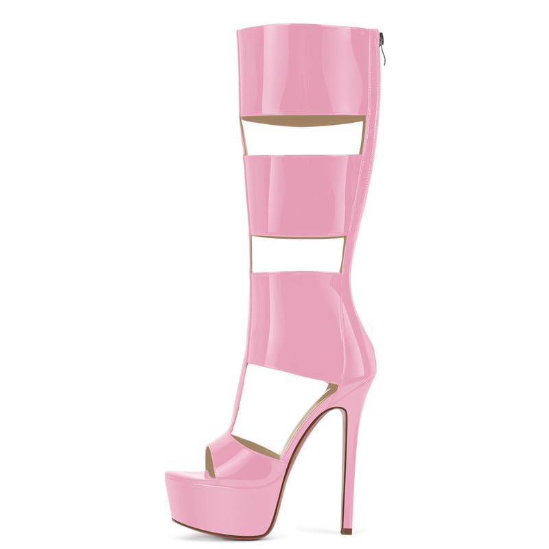 Image of Richealnana Women's Gladiator Knee-High Platform Heels-Stiletto Peep Toe Boots with Back Zipper for Club,Prom,Dance,Sexy