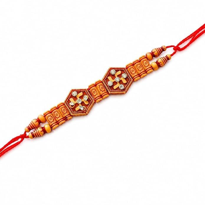 Swastik Rakhi for Brother | Designer Rakhi with Beads | Traditional Raksha Bandhan MOLI for Bhai With Greetings Card And roli chawal-image-39