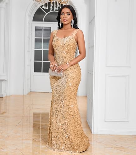 Image of dasmzper Women's Sequin Evening Gown - Elegant Sleeveless V Neck Mermaid Formal Maxi Dress for Wedding, Prom or Party