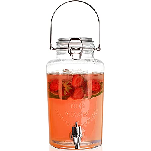 DEAYOU 3L Glass Beverage Dispenser with Tap, Cold Drink Ice Tea Dispenser with Trigger Clamp Locking Lid, Glass Mason Jar Lemonade Liquid Pitcher with Spout for Party, Fridge, Juice, Beer, 0.8 Gallon