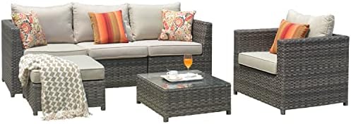 XIZZI Patio Furniture Sets Outdoor Sectional Sofa 6 Pieces No Assembly Required Big Size All Weather Wicker Aluminum Conversation Set with 2 Pillows and Furniture Cover,Grey Wicker Beige Cushion