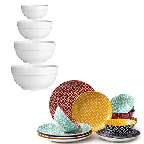 Dowan Bundle - 64/42/22/12 Oz Serving Bowls + 12 Piece Colorful Dish Set #TOP29