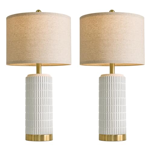 PoKat Farmhouse Table Lamps for Living Room Set of 2 with Gold Base, 25'' Stone-Like Bedside Lamps for Bedroom Night Stands, Ructic Ceramic Lamp for Office Hallway End Table Dorm (Frosted White) by PoKat - Used condition - Image 8