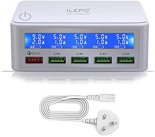iLEPO Multiple USB Charging Station with Smart LED Display, 50W USB Multi Charger support Quick Charge 3.0 Charger Adapter for Oneplus Samsung Redmi and more (White)