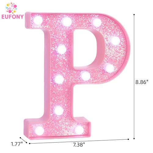 Image of Pink Marquee Light Up Letters, Glitter Alphabet LED Letter Lights for Pink Birthday Party Decorations, Battery Operated Letter Sign for Girls Room Vanity Table Decor, Cool White Lights Letter P