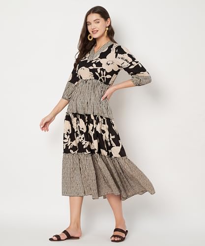Image of PIDAVLIYA'S Women's Floral Summer Maxi Dress I Cotton Printed I One Piece Bodycon Midi Dress with V-Neck, Puffed Sleeves